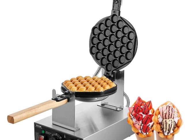 Commercial Bubble Waffle Maker, 1400W Egg Pancake Baker Machine, Non-Stick Stainless Steel Egg Bubble Puff, 180° Rotatable, Temp and Time Control, Wooden Handle, for Restaurant Bakery Snack Bar