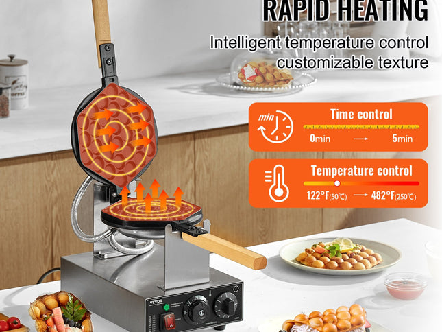 Commercial Bubble Waffle Maker, 1400W Egg Pancake Baker Machine, Non-Stick Stainless Steel Egg Bubble Puff, 180° Rotatable, Temp and Time Control, Wooden Handle, for Restaurant Bakery Snack Bar