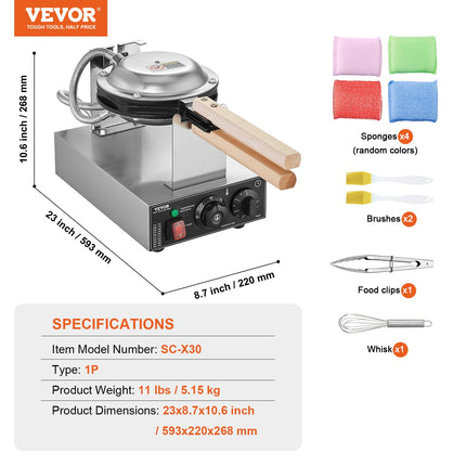 Commercial Bubble Waffle Maker, 1400W Egg Pancake Baker Machine, Non-Stick Stainless Steel Egg Bubble Puff, 180° Rotatable, Temp and Time Control, Wooden Handle, for Restaurant Bakery Snack Bar