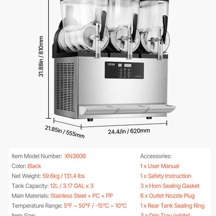 VEVOR 12Lx3 Tank Commercial Slushy Machine Margarita Smoothie Frozen Drink Maker