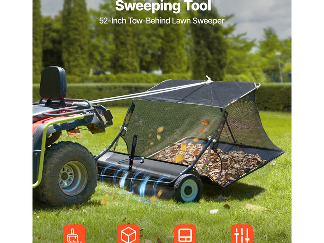 26.7 cm Tow Behind Lawn Sweeper, 26 cu.ft. Large Yard Sweeper, Adjustable Sweeping Height, Heavy Duty Leaf & Grass Collector with Dumping Rope, Pull Behind Sweepers for Debris Grass Clippings