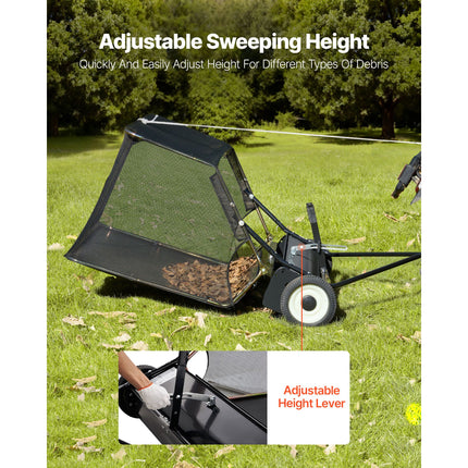 26.7 cm Tow Behind Lawn Sweeper, 26 cu.ft. Large Yard Sweeper, Adjustable Sweeping Height, Heavy Duty Leaf & Grass Collector with Dumping Rope, Pull Behind Sweepers for Debris Grass Clippings