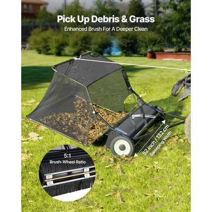 26.7 cm Tow Behind Lawn Sweeper, 26 cu.ft. Large Yard Sweeper, Adjustable Sweeping Height, Heavy Duty Leaf & Grass Collector with Dumping Rope, Pull Behind Sweepers for Debris Grass Clippings