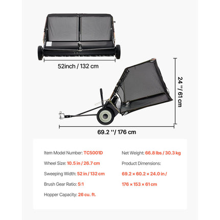26.7 cm Tow Behind Lawn Sweeper, 26 cu.ft. Large Yard Sweeper, Adjustable Sweeping Height, Heavy Duty Leaf & Grass Collector with Dumping Rope, Pull Behind Sweepers for Debris Grass Clippings