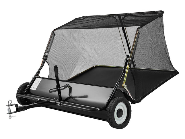 Tow Behind Lawn Sweeper, 122cm Pull Behind Yard Sweeper, 26 cu. ft Hopper Bag Capacity, Leaf & Grass Collector with Dumping Rope, Adjustable Sweeping Height, Garden Sweepers for Lawn Farm