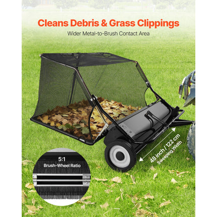 Tow Behind Lawn Sweeper, 122cm Pull Behind Yard Sweeper, 26 cu. ft Hopper Bag Capacity, Leaf & Grass Collector with Dumping Rope, Adjustable Sweeping Height, Garden Sweepers for Lawn Farm