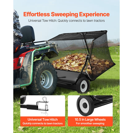 Tow Behind Lawn Sweeper, 122cm Pull Behind Yard Sweeper, 26 cu. ft Hopper Bag Capacity, Leaf & Grass Collector with Dumping Rope, Adjustable Sweeping Height, Garden Sweepers for Lawn Farm