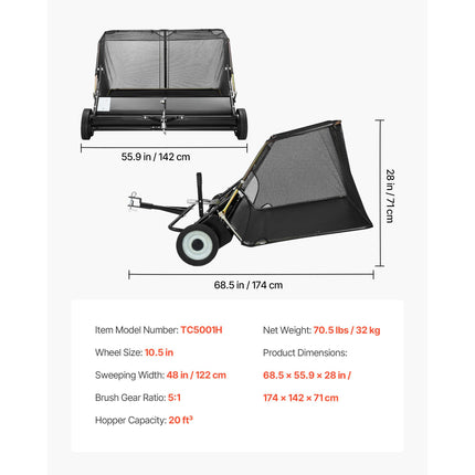 Tow Behind Lawn Sweeper, 122cm Pull Behind Yard Sweeper, 26 cu. ft Hopper Bag Capacity, Leaf & Grass Collector with Dumping Rope, Adjustable Sweeping Height, Garden Sweepers for Lawn Farm