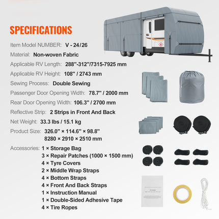 Travel Trailer Cover, 9.1-9.8m RV Cover, 4-Layer Non-Woven Fabric Camper Cover, Waterproof, Windproof And Wear-Resistant Class A RV Cover, Rip-Stop Camper Cover with Storage Bag and Patches