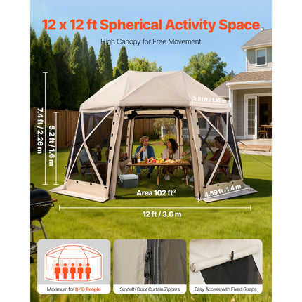 Pop up Gazebo Screen Tent, 3.6x3.6 m, 13-Sided Spherical Camping Canopy Tent with Removable Top & Carry Bag, Quick-Set & Bite-Proof, Screen House Sun Shelter for 8-10 Persons, Beige