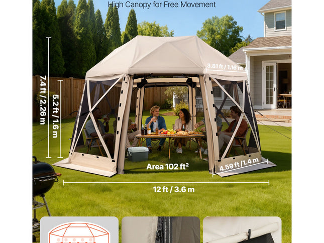 Pop-Up Gazebo Screen Tent with Removable Top & Carry Bag – 3.6 x 3.6m, 13-Sided, 8–10 Person, Beige