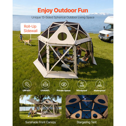 Pop up Gazebo Screen Tent, 3.6x3.6 m, 13-Sided Spherical Camping Canopy Tent with Removable Top & Carry Bag, Quick-Set & Bite-Proof, Screen House Sun Shelter for 8-10 Persons, Beige