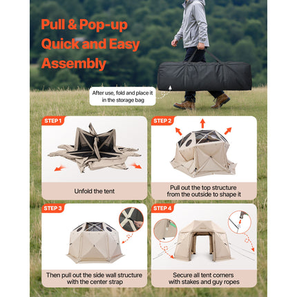 Pop up Gazebo Screen Tent, 3.6x3.6 m, 13-Sided Spherical Camping Canopy Tent with Removable Top & Carry Bag, Quick-Set & Bite-Proof, Screen House Sun Shelter for 8-10 Persons, Beige