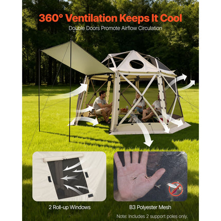 Pop up Gazebo Screen Tent, 3.6x3.6 m, 13-Sided Spherical Camping Canopy Tent with Removable Top & Carry Bag, Quick-Set & Bite-Proof, Screen House Sun Shelter for 8-10 Persons, Beige
