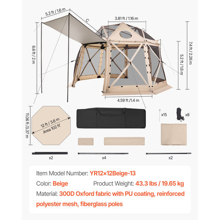 Pop up Gazebo Screen Tent, 3.6x3.6 m, 13-Sided Spherical Camping Canopy Tent with Removable Top & Carry Bag, Quick-Set & Bite-Proof, Screen House Sun Shelter for 8-10 Persons, Beige