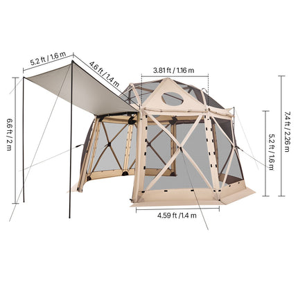 Pop up Gazebo Screen Tent, 3.6x3.6 m, 13-Sided Spherical Camping Canopy Tent with Removable Top & Carry Bag, Quick-Set & Bite-Proof, Screen House Sun Shelter for 8-10 Persons, Beige