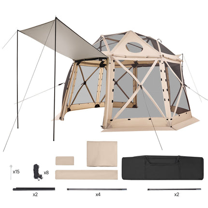 Pop up Gazebo Screen Tent, 3.6x3.6 m, 13-Sided Spherical Camping Canopy Tent with Removable Top & Carry Bag, Quick-Set & Bite-Proof, Screen House Sun Shelter for 8-10 Persons, Beige