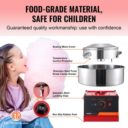 VEVOR Electric Cotton Candy Machine, 1000W Candy Floss Maker, Commercial Cotton Candy Machine with Stainless Steel Bowl, and Sugar Scoop, Perfect for Home Kids Birthday, Family Party (Red)