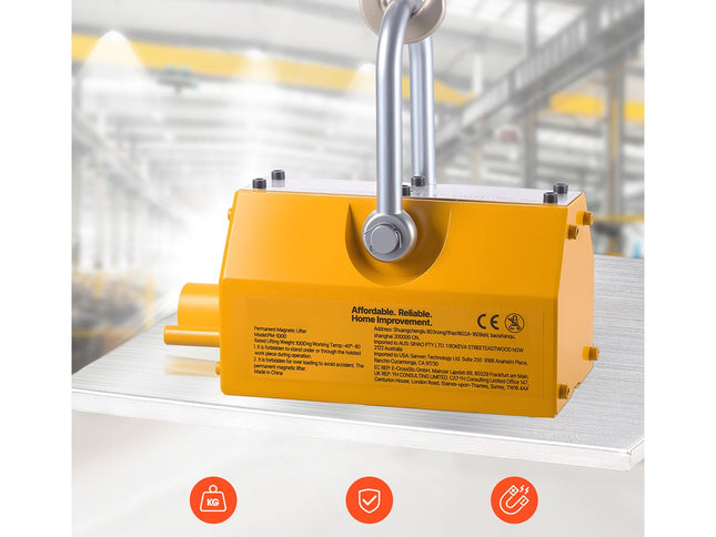 Permanent Magnetic Lifter, 1000 kg Pulling Capacity, Heavy Duty N42 Neodymium Lifting Magnet with Release Handle and Steel Hook, Used in Shop Crane and Hoist, for Lifting Plate Steel, Board