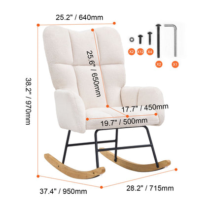 Nursery Rocking Chair, 250 lbs Weight Capacity Teddy Fabric Upholstered Glider Rocker Chair with Soft Seat and High Backrest, Nursing Chair for Nursery, Bedroom, Living Room, Ivory White