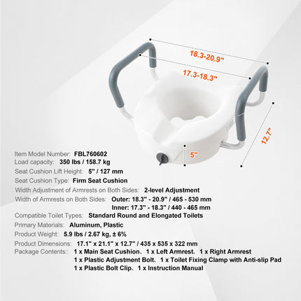 Raised Toilet Seat with Twist Lock ‚Äì 5in Rise, 19.1‚Äì21.7in Adjustable Width, 350lbs Capacity