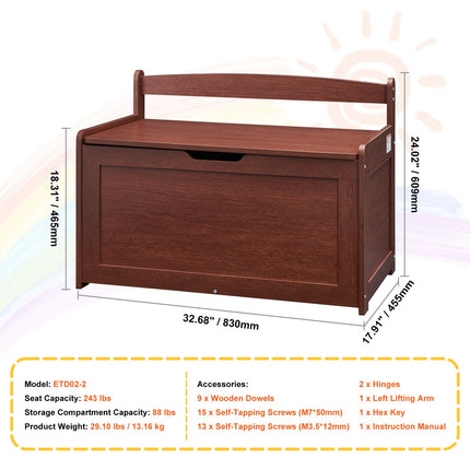 Kids Toy Storage Bench Wooden Toy Box Chest 32.68 x 17.91 x 24.02" Cherry