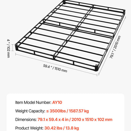 Box Spring, Queen Size Bed Frame with Washable Fabric Cloth, Heavy Duty Metal Frame for Queen Bed, 102 mm Mattress Foundation, 1587.57 kg Max Weight Capacity, Easy Assembly, 2010 x 1510 x 102 mm