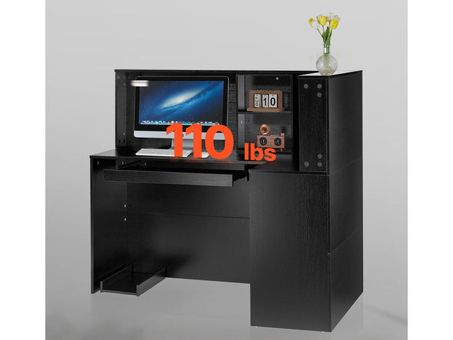 Reception Desk, 1400 x 800 x 1200 mm L-Shaped Front Counter Table, Office Reception Counter with Drawer Keyboard Tray and Storage Cabinet, for Checkout, Lobby, Beauty Salon & Office, Black