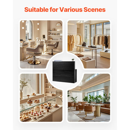 Reception Desk, 1400 x 800 x 1200 mm L-Shaped Front Counter Table, Office Reception Counter with Drawer Keyboard Tray and Storage Cabinet, for Checkout, Lobby, Beauty Salon & Office, Black