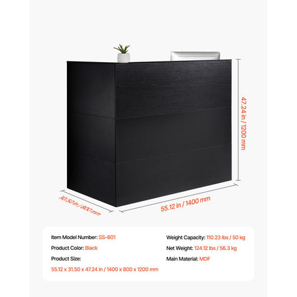 Reception Desk, 1400 x 800 x 1200 mm L-Shaped Front Counter Table, Office Reception Counter with Drawer Keyboard Tray and Storage Cabinet, for Checkout, Lobby, Beauty Salon & Office, Black