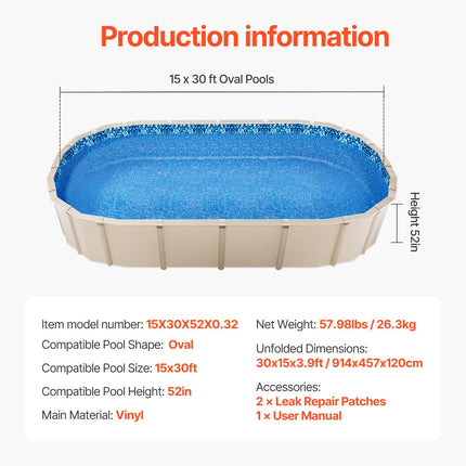 Oval Pool Liner 15x30ft Unibead Style Pool Liner 52in Wall Height