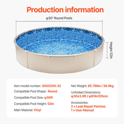 Pool Liner, 30ft Round Pool Liner, Uinbead Style, Durable Vinyl Pool Liner, Standard Gauge, 52in Wall Height, Pool Liner Replacement for Steel Sided Above-Ground Swimming Pools