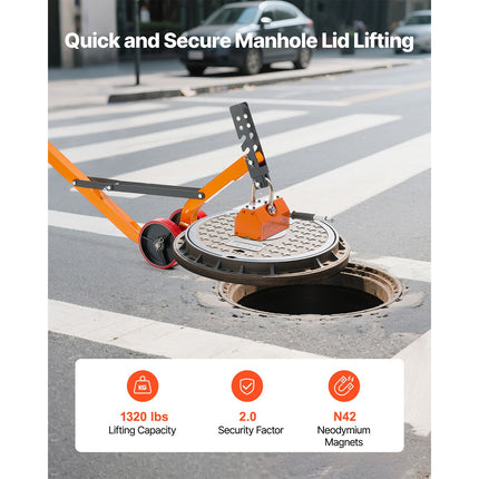 Magnetic Lid Lifter Dolly, 600 kg Pulling Capacity, Steel Dolly with Heavy Duty Magnet Lift and 2 Wheels, Adjustable Handle, N42 Neodymium, Foldable and Portable, for Lifting Manhole Covers
