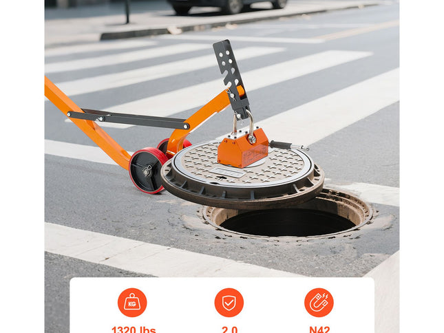 Magnetic Lid Lifter Dolly, 600 kg Pulling Capacity, Steel Dolly with Heavy Duty Magnet Lift and 2 Wheels, Adjustable Handle, N42 Neodymium, Foldable and Portable, for Lifting Manhole Covers