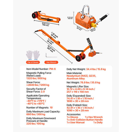Magnetic Lid Lifter Dolly, 600 kg Pulling Capacity, Steel Dolly with Heavy Duty Magnet Lift and 2 Wheels, Adjustable Handle, N42 Neodymium, Foldable and Portable, for Lifting Manhole Covers