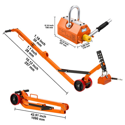 Magnetic Lid Lifter Dolly, 600 kg Pulling Capacity, Steel Dolly with Heavy Duty Magnet Lift and 2 Wheels, Adjustable Handle, N42 Neodymium, Foldable and Portable, for Lifting Manhole Covers