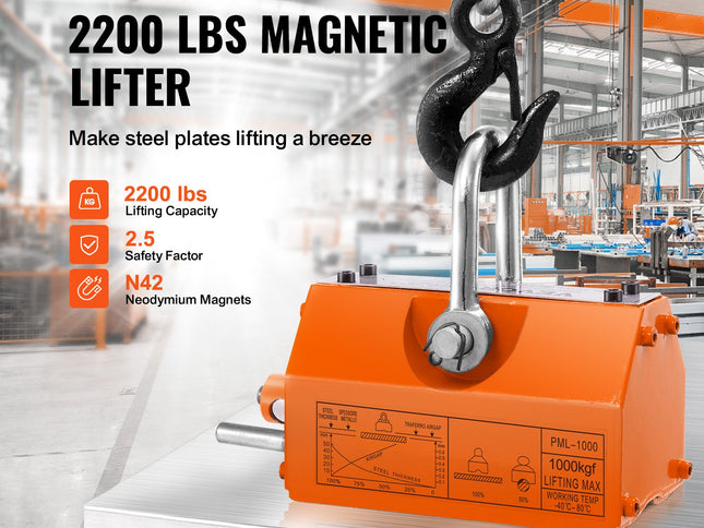 VEVOR Magnetic Lifter, 1000kg Pulling Capacity, 2.5 Safety Factor, Neodymium & Steel, Lifting Magnet with Release, Permanent Lift Magnets, Heavy Duty Magnet for Hoist, Shop Crane, Block, Board
