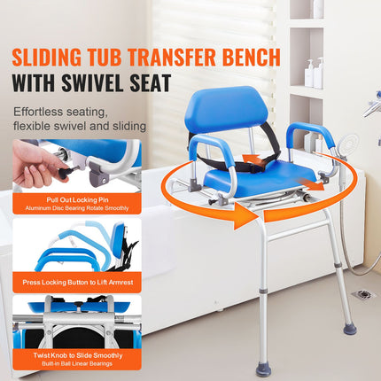 Sliding Tub Transfer Bench with 360 Degree Swivel Seat, Sliding Shower Chair with Pivoting Armrest & Padded Seat and Safety Belt, Height Adjustable Bath Chair for Elderly Disabled 330LBS
