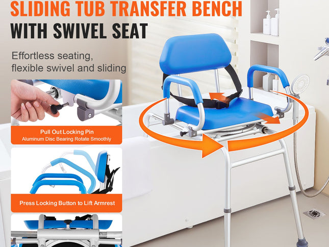 Sliding Tub Transfer Bench with 360 Degree Swivel Seat, Sliding Shower Chair with Pivoting Armrest & Padded Seat and Safety Belt, Height Adjustable Bath Chair for Elderly Disabled 330LBS