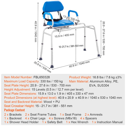 Sliding Tub Transfer Bench with 360 Degree Swivel Seat, Sliding Shower Chair with Pivoting Armrest & Padded Seat and Safety Belt, Height Adjustable Bath Chair for Elderly Disabled 330LBS
