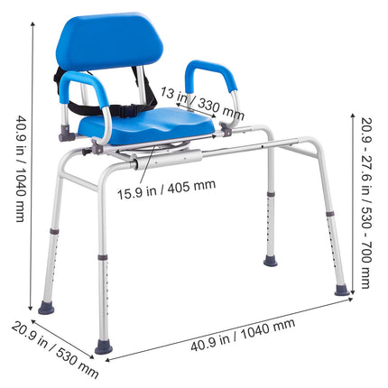 Sliding Tub Transfer Bench with 360 Degree Swivel Seat, Sliding Shower Chair with Pivoting Armrest & Padded Seat and Safety Belt, Height Adjustable Bath Chair for Elderly Disabled 330LBS