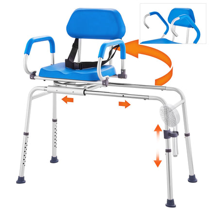 Sliding Tub Transfer Bench with 360 Degree Swivel Seat, Sliding Shower Chair with Pivoting Armrest & Padded Seat and Safety Belt, Height Adjustable Bath Chair for Elderly Disabled 330LBS