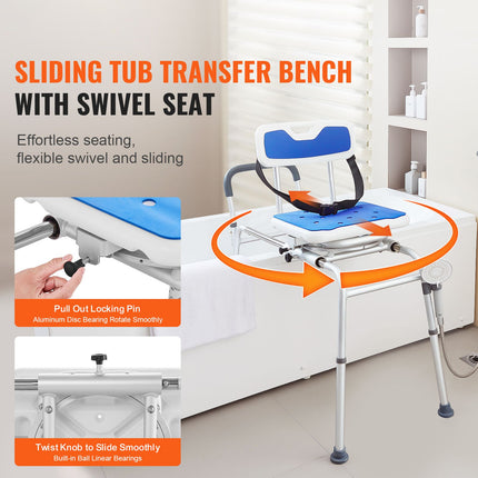 Sliding Tub Transfer Bench with 360¬∞ Swivel Seat, Armrest & Safety Belt ‚Äì Adjustable Height, 400lbs Capacity