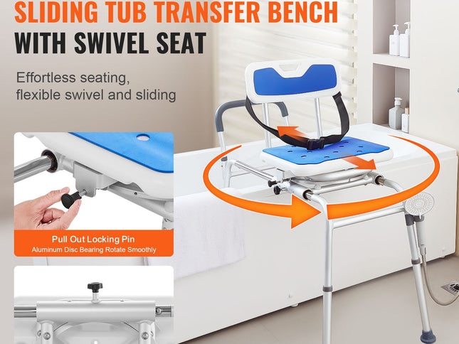 Sliding Tub Transfer Bench with 360 Degree Swivel Seat, Height Adjustable Bathtub Transfer Bench with Armrest & Safety Belt, Non-Slip Rotating Shower Chair for Elderly Disabled, 400LBS Capacity