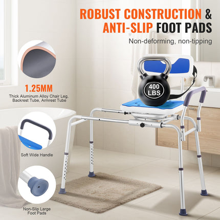 Sliding Tub Transfer Bench with 360¬∞ Swivel Seat, Armrest & Safety Belt ‚Äì Adjustable Height, 400lbs Capacity