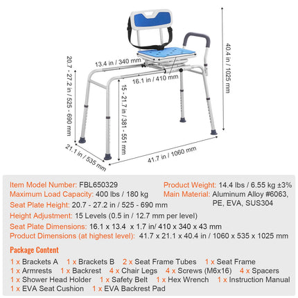 Sliding Tub Transfer Bench with 360¬∞ Swivel Seat, Armrest & Safety Belt ‚Äì Adjustable Height, 400lbs Capacity