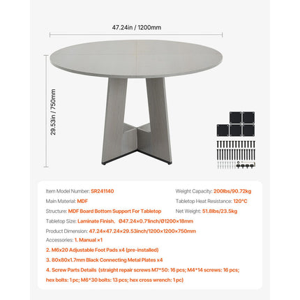 Round Dining Table, 47 inch Wood Table for 4-6 Person, Farmhouse Circle Dinner Furniture, Rustic Leisure Tables with Thick Wooden Legs, for Home Kitchen Living Room, Grey (Only Table)