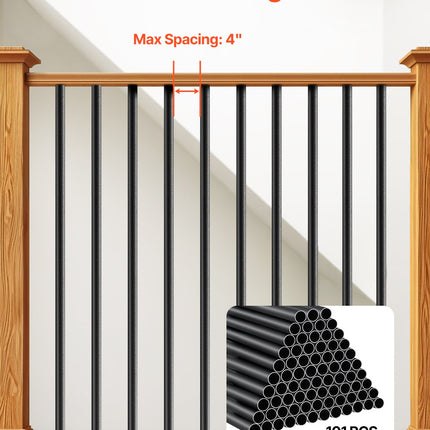 VEVOR Staircase Balusters 101 Pack, 660 mm Aluminum Stair Balusters, 19 mm Water-Proof Round Metal Spindle Railing, Hollow Deck Railing with Rail Caps & Screws for Stairs, Porch, Patio, Matte Black