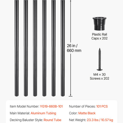VEVOR Staircase Balusters 101 Pack, 660 mm Aluminum Stair Balusters, 19 mm Water-Proof Round Metal Spindle Railing, Hollow Deck Railing with Rail Caps & Screws for Stairs, Porch, Patio, Matte Black