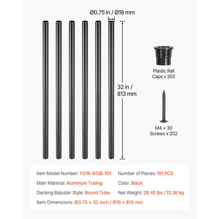 Staircase Balusters 101 Pack, 32 In Aluminum Stair Balusters, 3/4 In Water-Proof Round Metal Spindle Railing, Hollow Deck Railing with Rail Caps & Screws for Stairs, Porch, Patio, Fence, Black